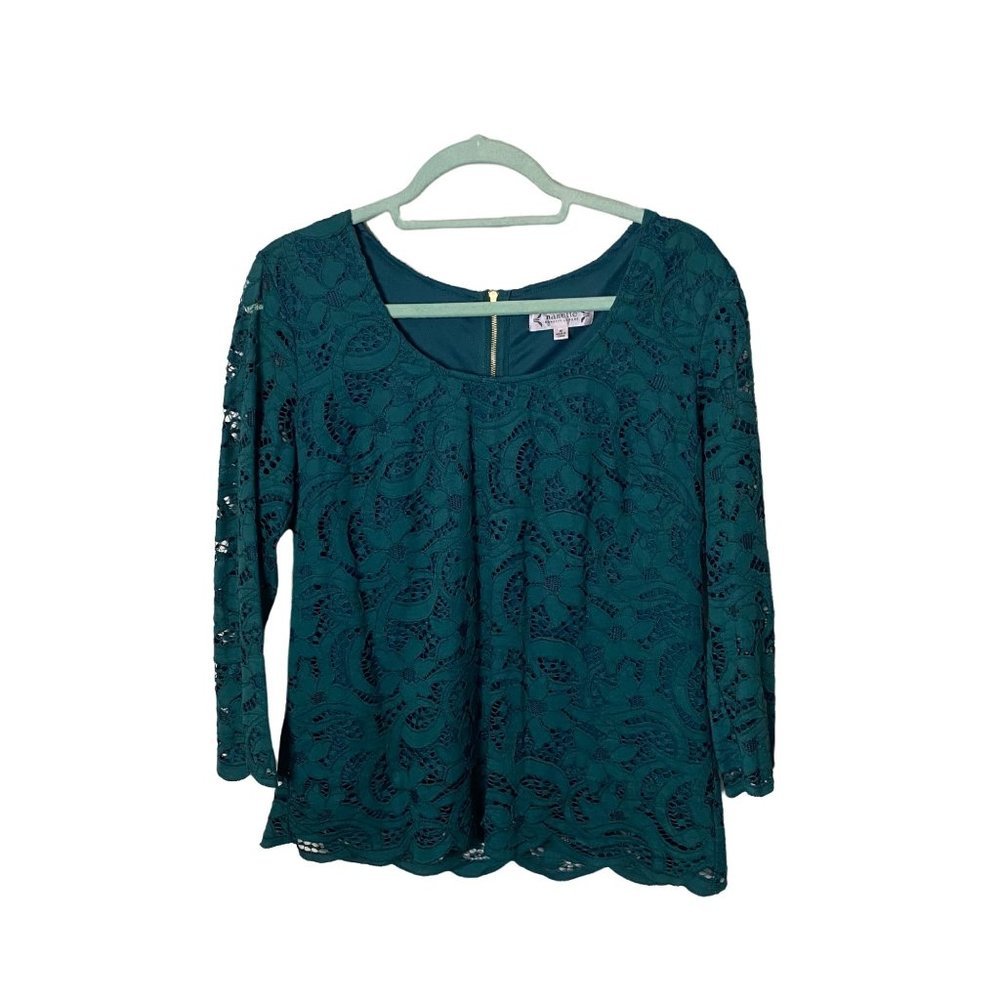 Nanette Lepore Women Medium NIGHT GARDEN Green Floral Lace Blouse 3/4 Sleeves